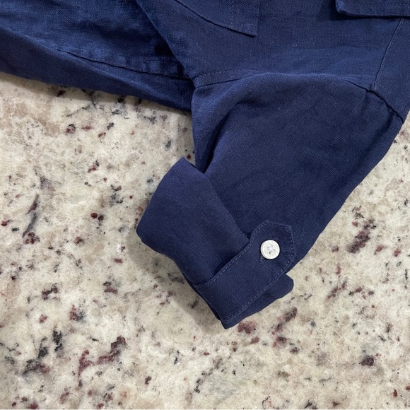 Janie And Jack Navy 100% Linen Button Down Size 2T Toddler Boys Roll Sleeve Cuff - Picture 6 of 7